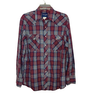 Vintage Wrangler pearl snap shirt button down plaid maroon red blue size large